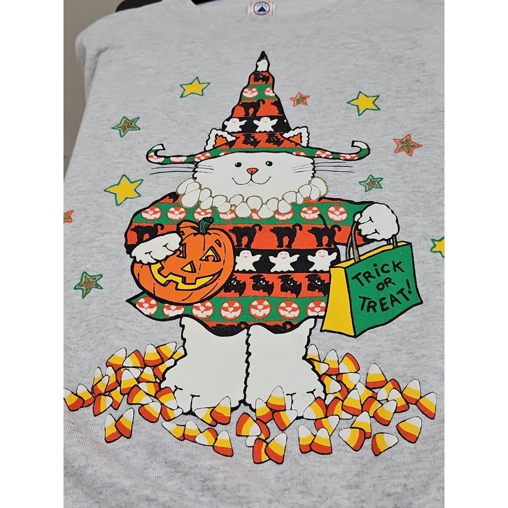 Vtg Halloween Sweatshirt Adult Large Spooky Cats Bats Candy Pumpkin Witch Hat